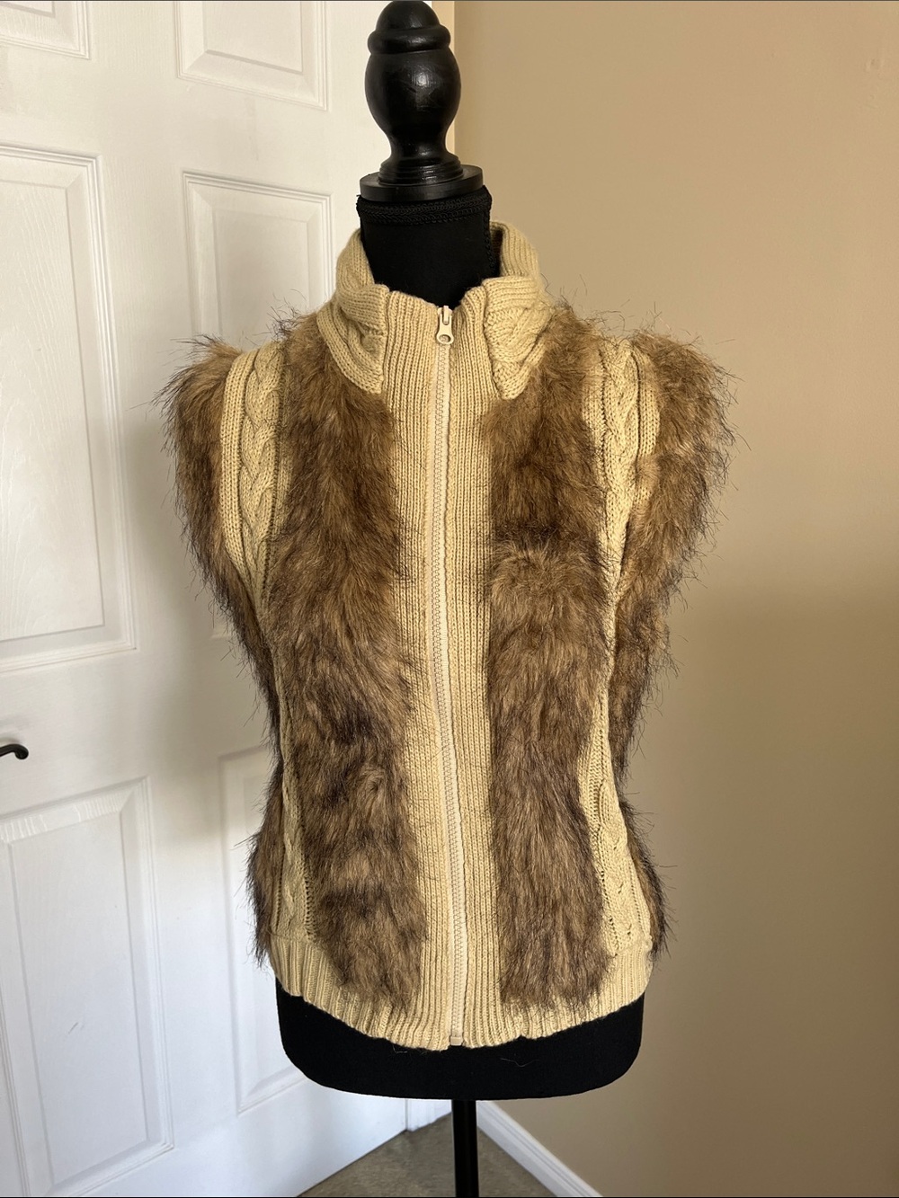 Yoki Cream Knit Zip Front Vest with Brown Faux-Fur Panels